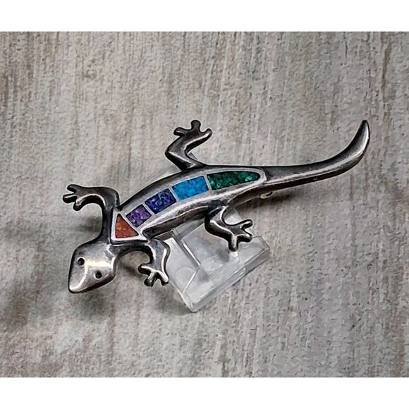 Carolyn Pollack Relios Sterling Silver Inlaid Lizard Brooch. Signed. 2.25" Long - Picture 1 of 4